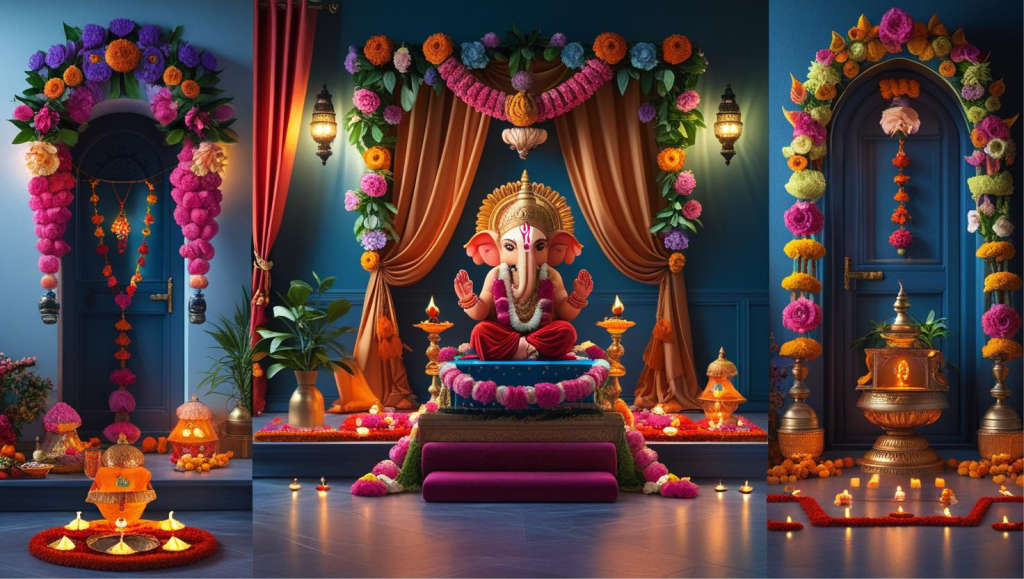 A collection of ultra-realistic photographs showing beautiful home decoration ideas for Ganesh Chaturthi.