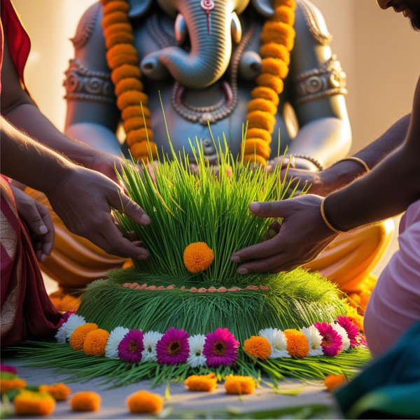 devotees offering fresh green durva grass and fragrant flowers at the feet of the Ganesha