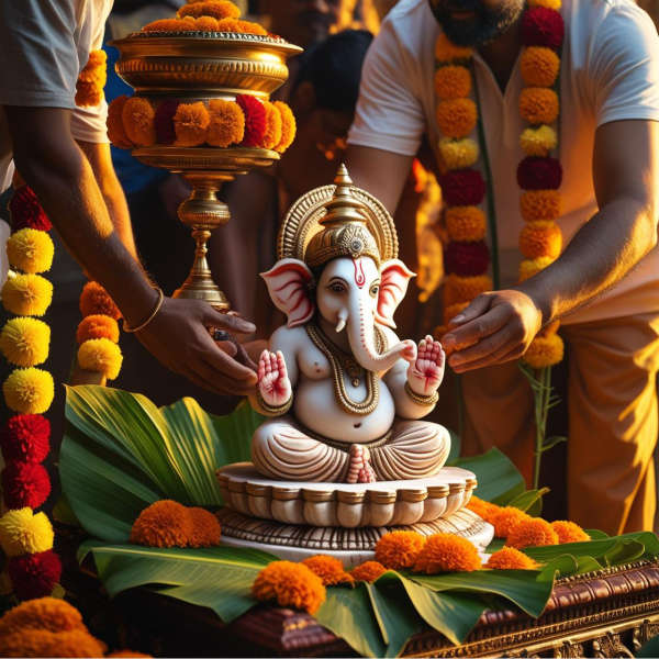 devotees placing a beautifully crafted marble idol of Lord Ganesha 2
