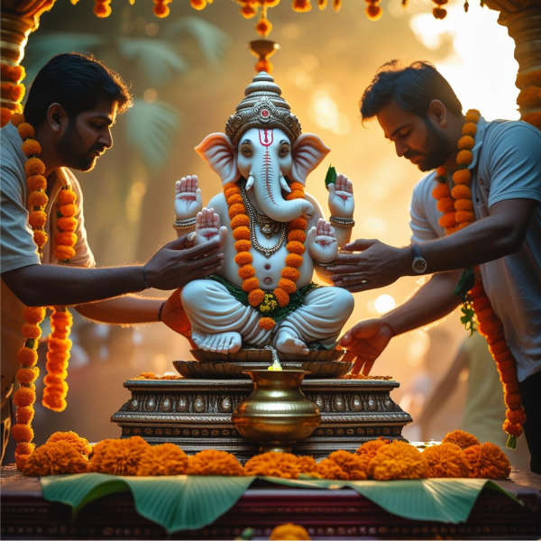 devotees placing a beautifully crafted marble idol of Lord Ganesha