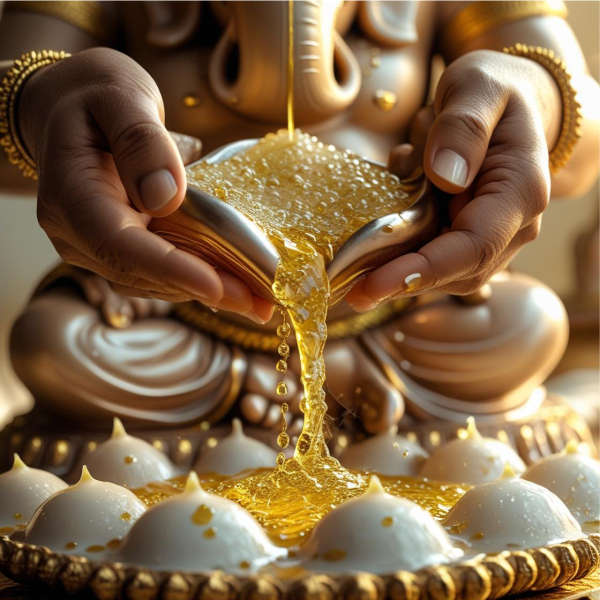 hands gently pouring Panchamrit (milk, curd, honey, ghee, sugar)