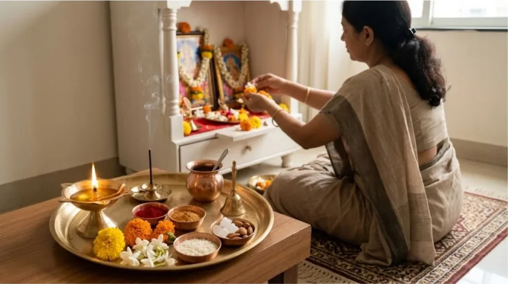Morning puja and evening aarti setup in an Indian home mandir