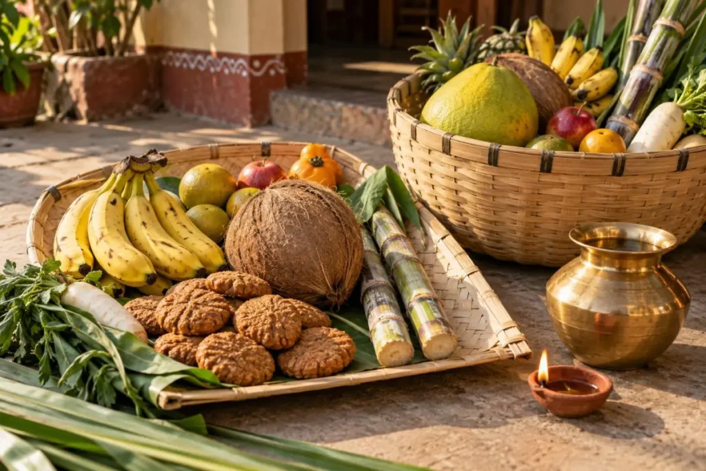 Chhath soop and daura with thekua, banana, coconut, sugarcane and fruits