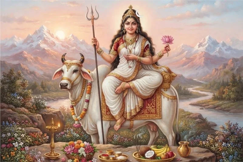 Navratri 9 Days Images with Puja Samagri: Daily Devotion Guide for All Nine Days 13 Maa Shailputri on Navratri Day 1 with traditional puja setup