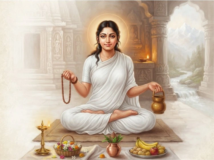 Navratri 9 Days Images with Puja Samagri: Daily Devotion Guide for All Nine Days 16 Maa Brahmacharini on Navratri Day 2 in a peaceful devotional setting