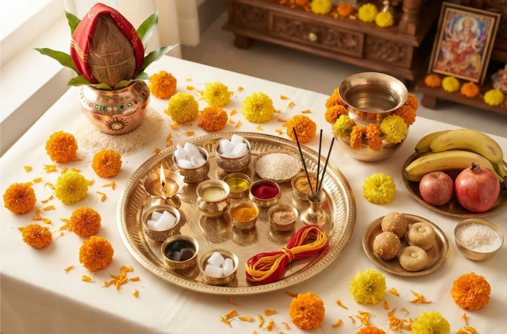 Navratri 9 Days Images with Puja Samagri: Daily Devotion Guide for All Nine Days 11 Navratri puja samagri for all 9 days with diya, flowers, kumkum and puja thali