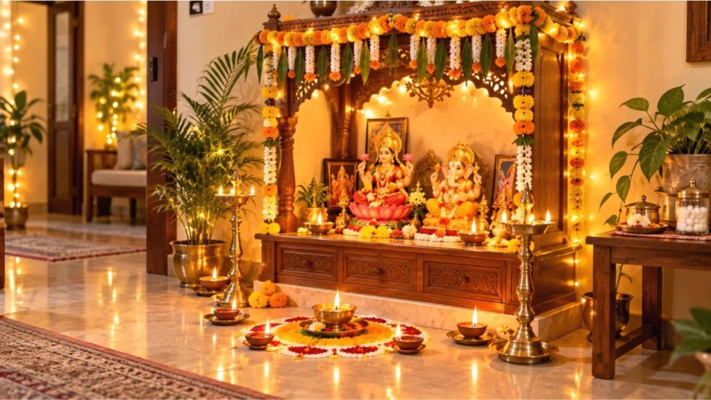 दिवाली से पहले घर के मंदिर की तैयारी कैसे करें? सफाई, सजावट और पूजा की पूरी तैयारी 10 सुरक्षित दिवाली मंदिर सजावट जिसमें दीये, फूल और decorative lights सही दूरी पर रखे गए हैं