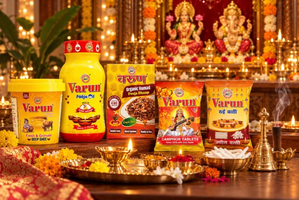 दिवाली से पहले घर के मंदिर की तैयारी कैसे करें? सफाई, सजावट और पूजा की पूरी तैयारी 9 VARUN Puja Ghee, Oil, Camphor, Dhoop and Cotton Wicks for Diwali mandir preparation