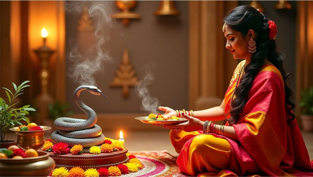 Celebrating The Nag Panchami 2025: Puja Vidhi, Wishes & Blessings 6 A beautifully decorated traditional Indian setting for Nag Panchami celebration