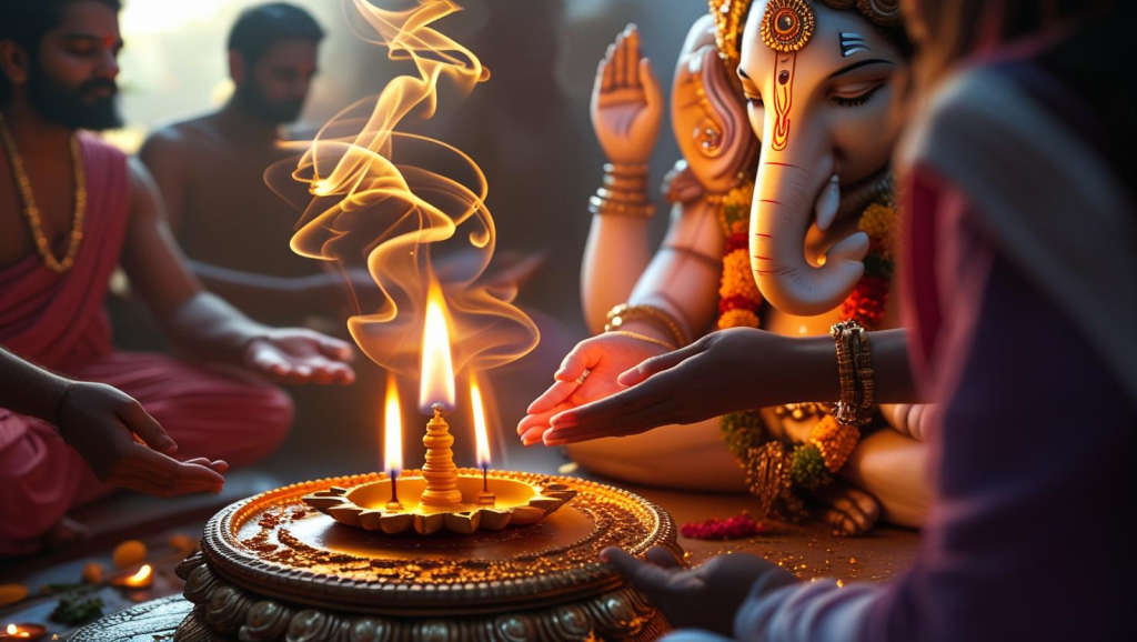 A realistic scene of devotees performing Aarti before Lord Ganesha idol