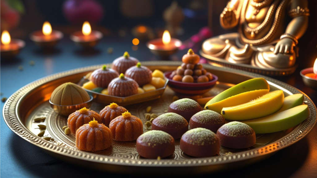 traditional thali with Modak laddoo and fruits placed before Lord Ganesha idol as bhog